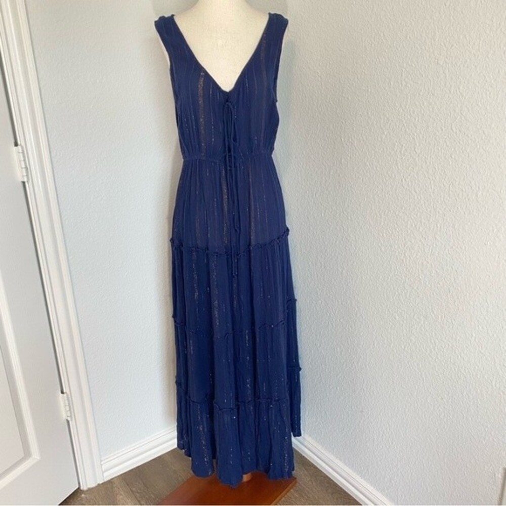 Whispers NY Navy Tiered Maxi Sleeveless Gold Metallic Threads V Neck Dress SZ M